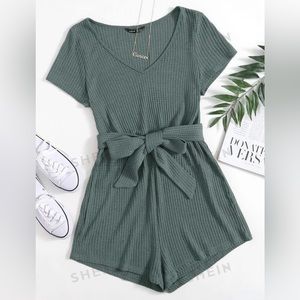 SHEIN LUNE V-NECK SELF BELTED WAFFLE KNIT ROMPER